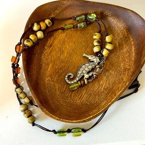 Leather and beaded necklace with sea horse pendant